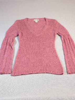 Next Era Couture Pink V Neck Knit Sweater Medium Soft Stretch Bell Sleeves